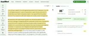 Screenshot of Quillbot's AI Detector with a writing sample and 35 percent AI verdict