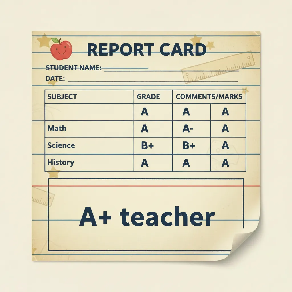 thank you card for a teacher that looks like a report card and says A+ teacher
