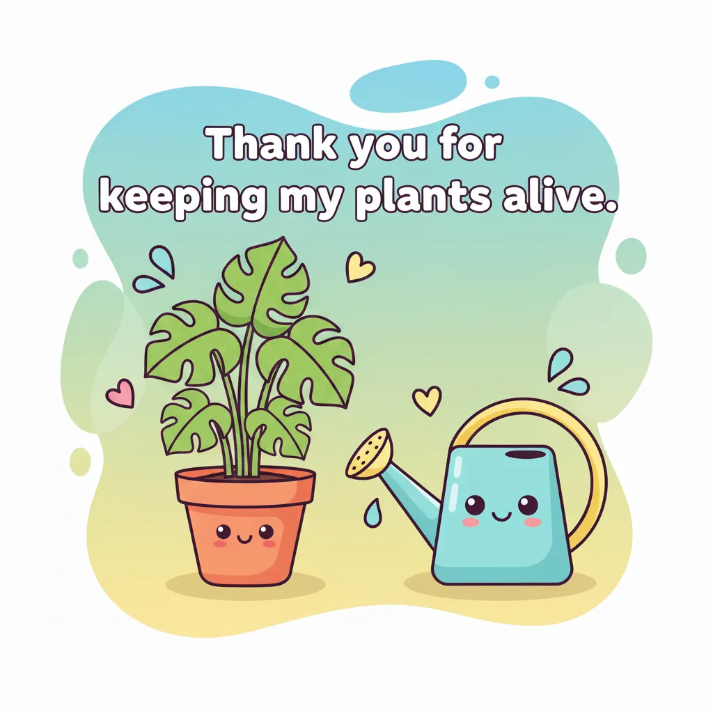 thank you card that says thanks for keeping my plants alive with a plant and watering can