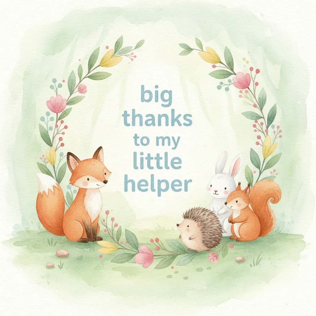 thank you card that says big thanks to my little helper with illustrations of woodland creatures