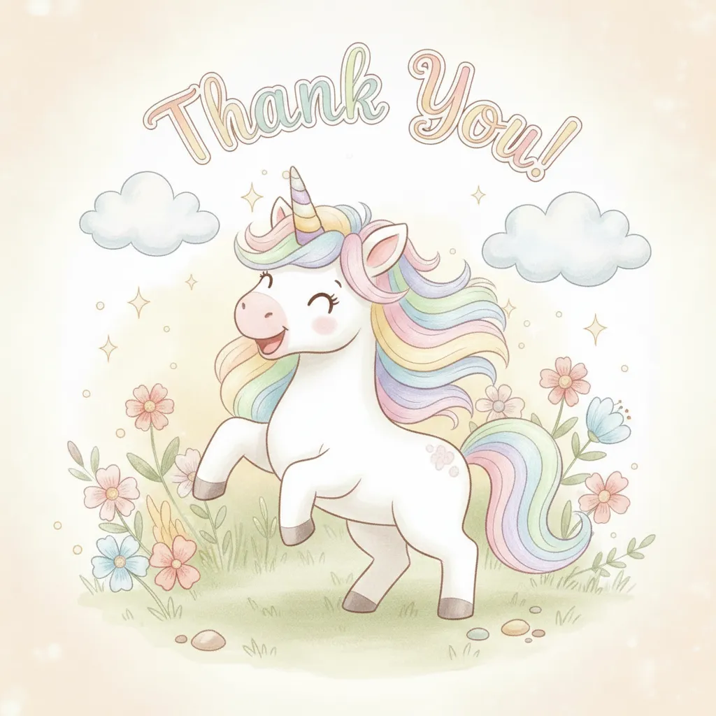 thank you card with a whimsical illustration of a unicorn