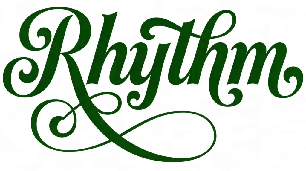 The word rhythm in cursive script where the leg of letter R flows under the word
