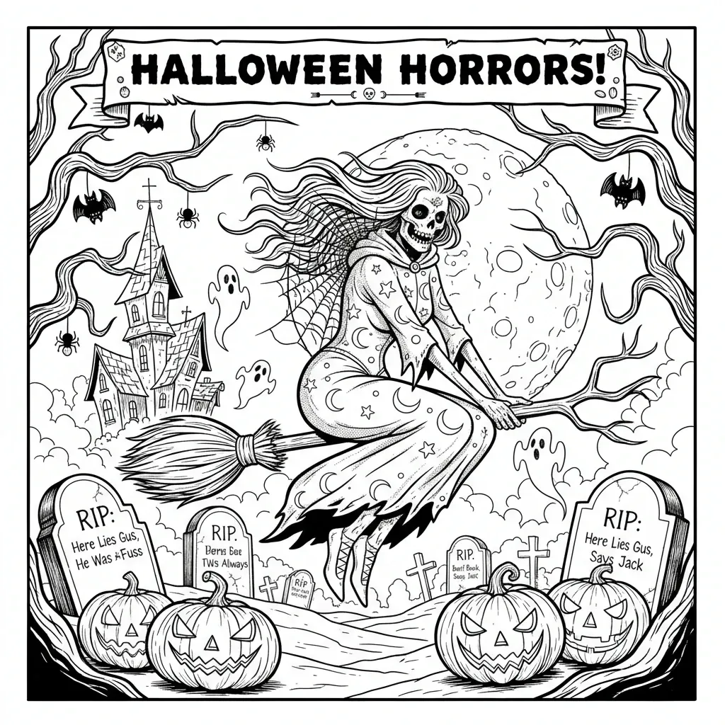 halloween coloring page for adults in a pulp horror style featuring a skeletal witch riding a broom through a graveyard