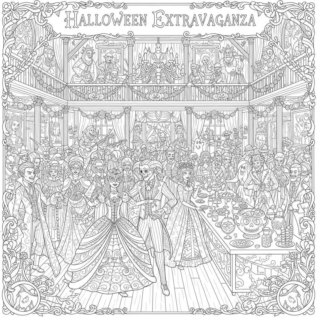 halloween coloring page for adults feautring a lavish halloween party with the words halloween extravaganza