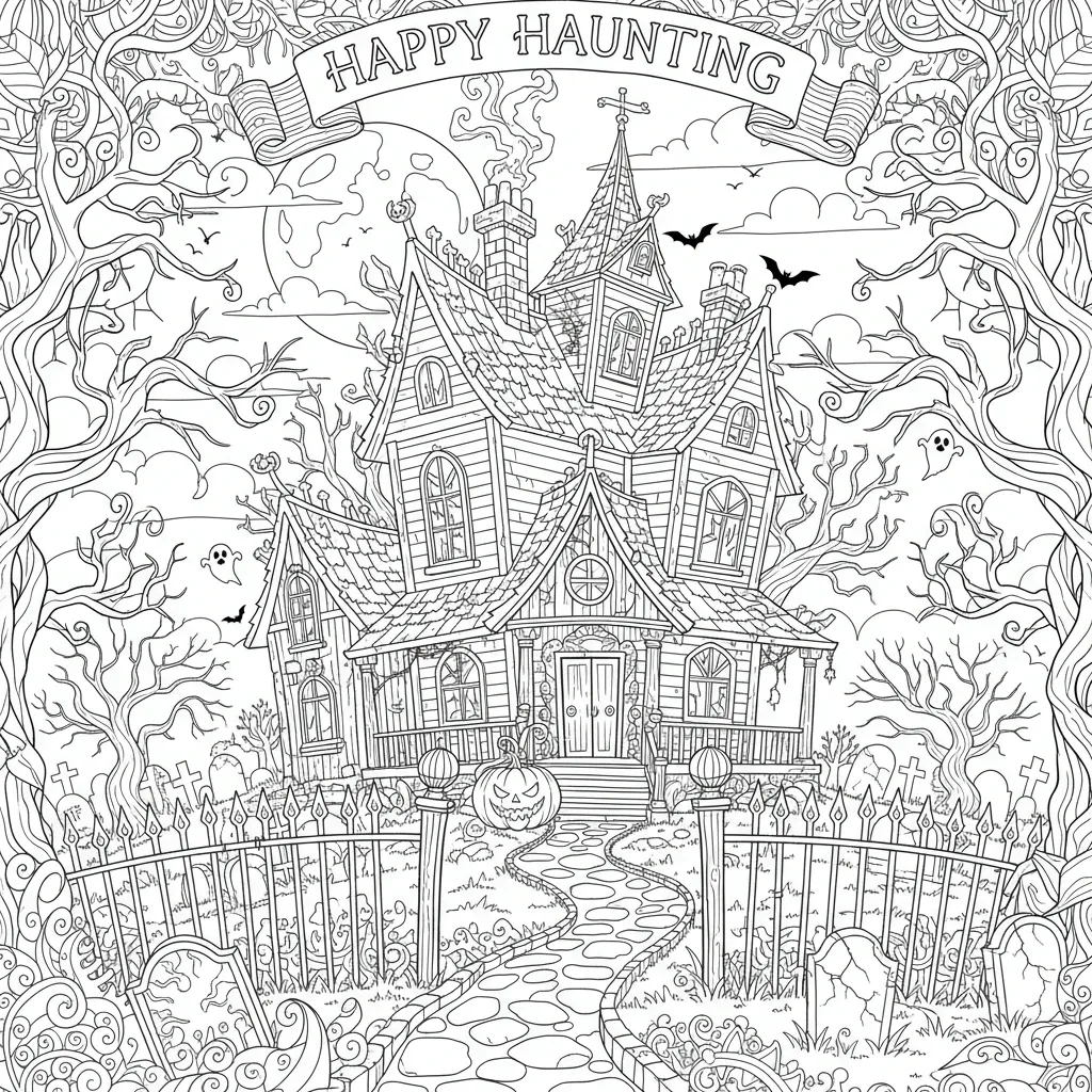halloween coloring page for adults featuring a spooky haunted house and the words happy haunting