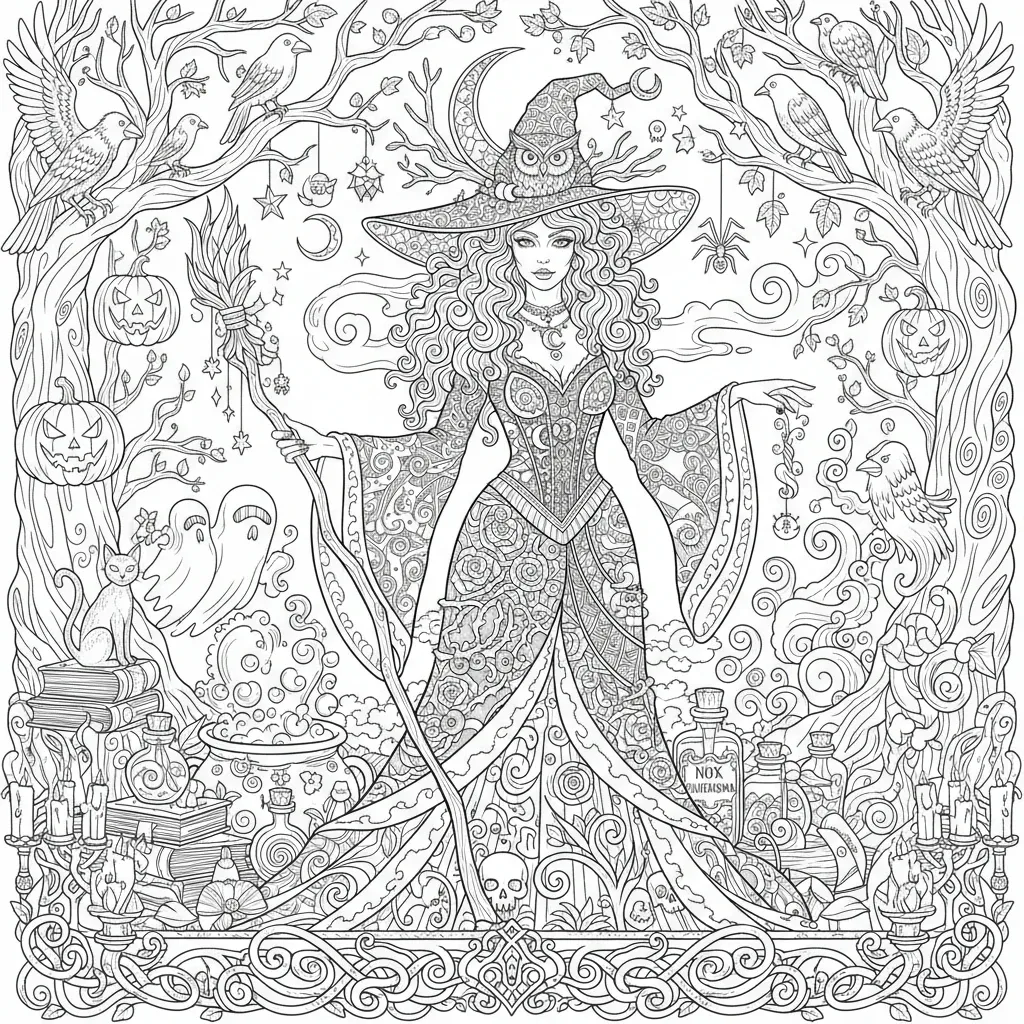 halloween coloring page for adults featuring a beautiful witch with an intricate dress