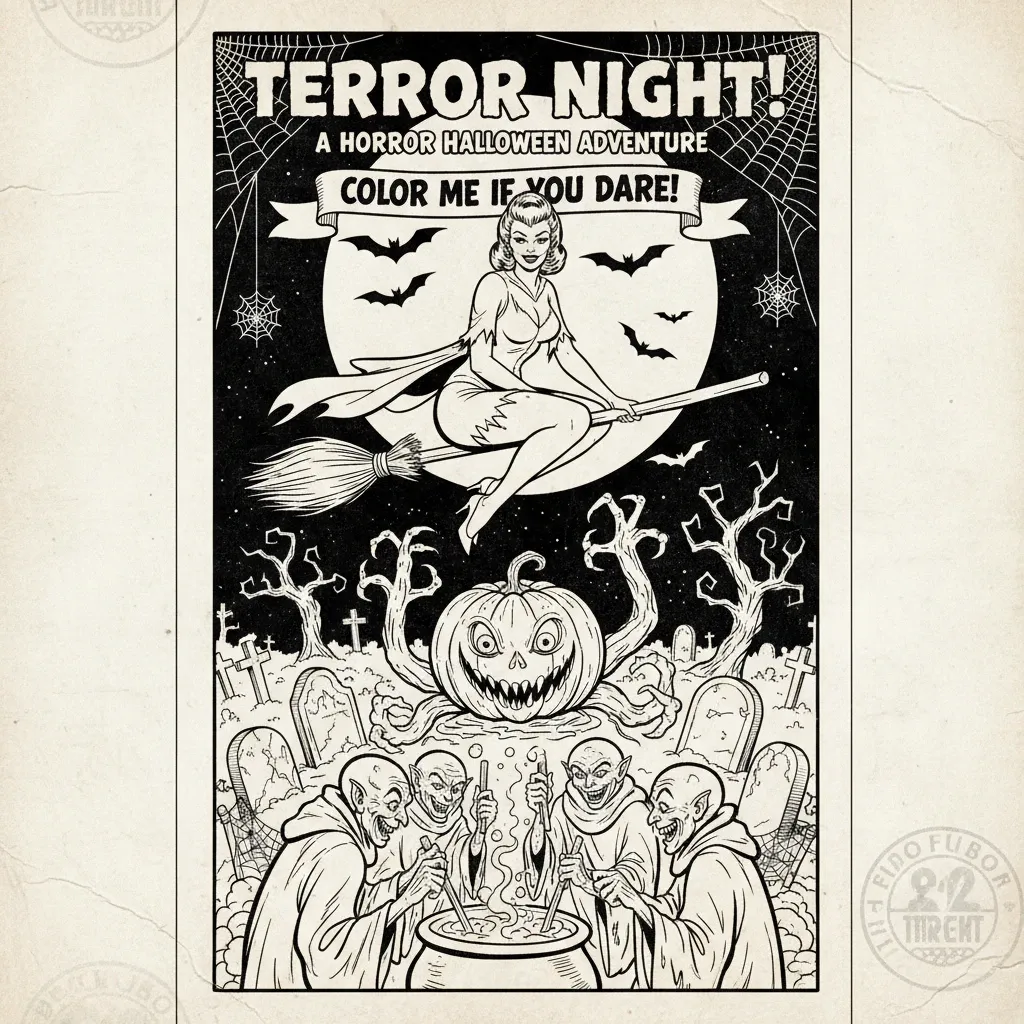 halloween coloring page for adults in a pulp style of a woman riding a broom stick, goblins brewing a ption, and a jack-o-lantern, along with the words terror night! a horror halloween adventure color me if you dare