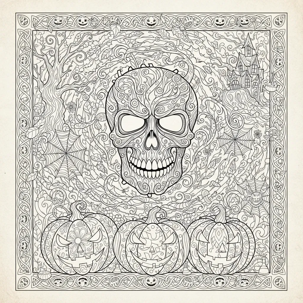 halloween coloring page for adults featuring a skull, jack-o-lanterns, and intricate patterns