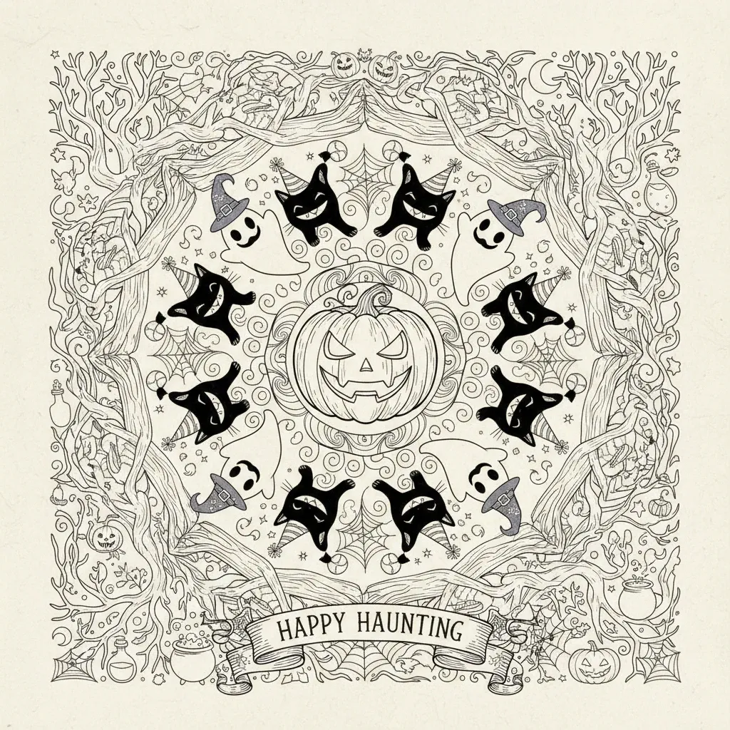 fall coloring page for adults in a mandala style feautring intricate patterns, black cats, ghosts, jack-o-lanterns and more, along with the words 'happy haunting'
