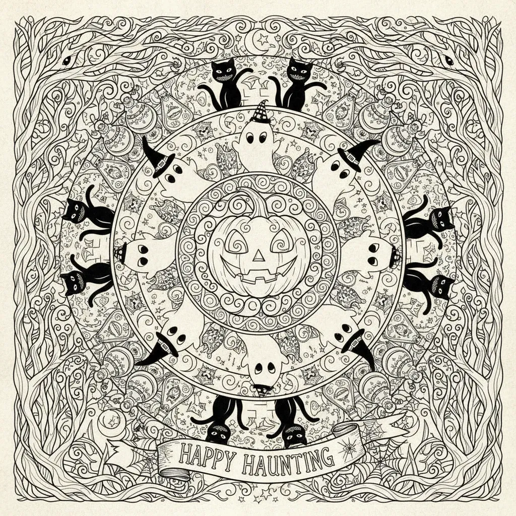 fall coloring page for adults in a mandala style feautring intricate patterns, black cats, ghosts, jack-o-lanterns and more, along with the words 'happy haunting'