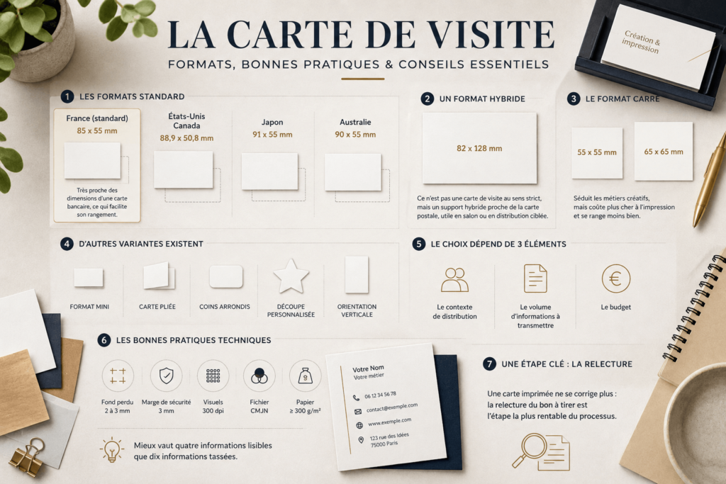 En France, le format de carte de visite standard mesure 85 x 55 mm.