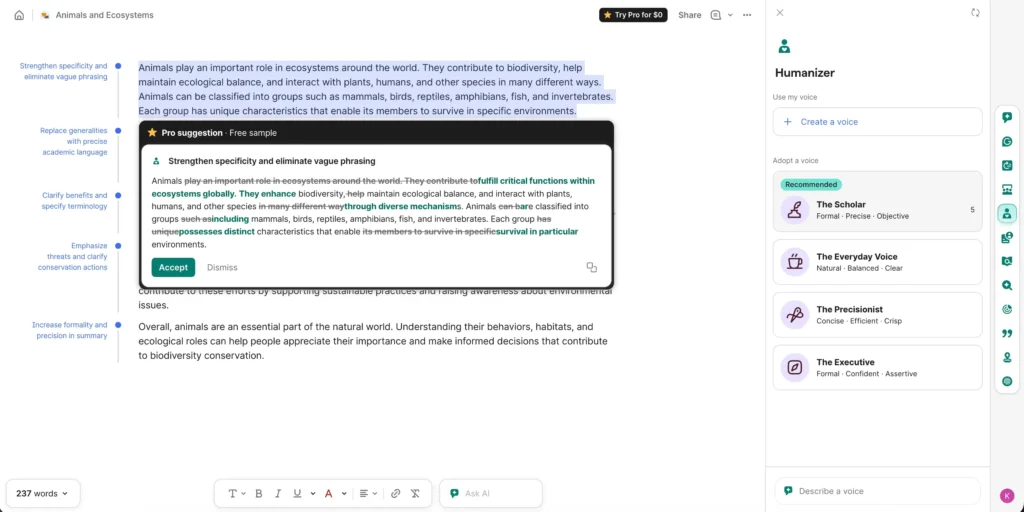A screenshot of the Grammarly humanizer