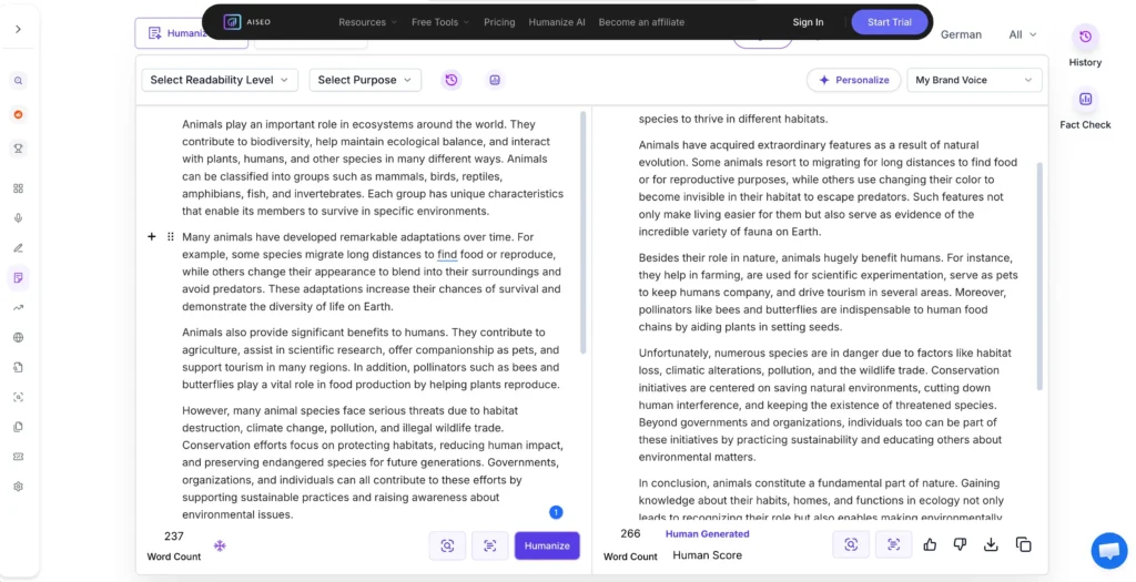 A screenshot of the AISEO humanizer