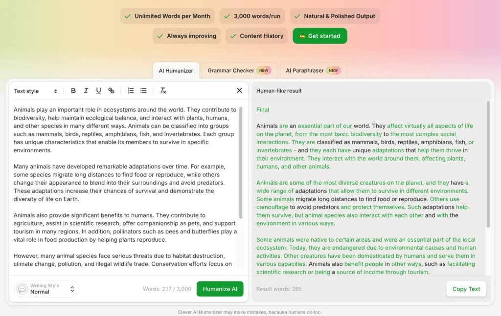 A screenshot of the Clever humanizer