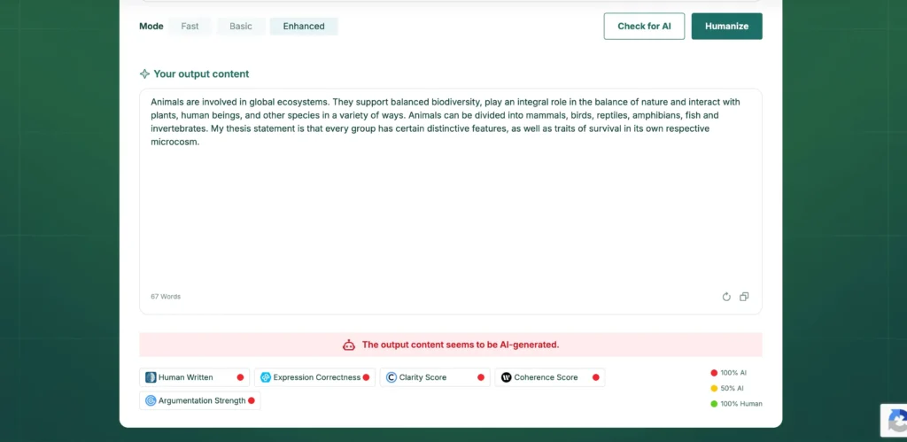 A screenshot of the Humanize.org humanizer