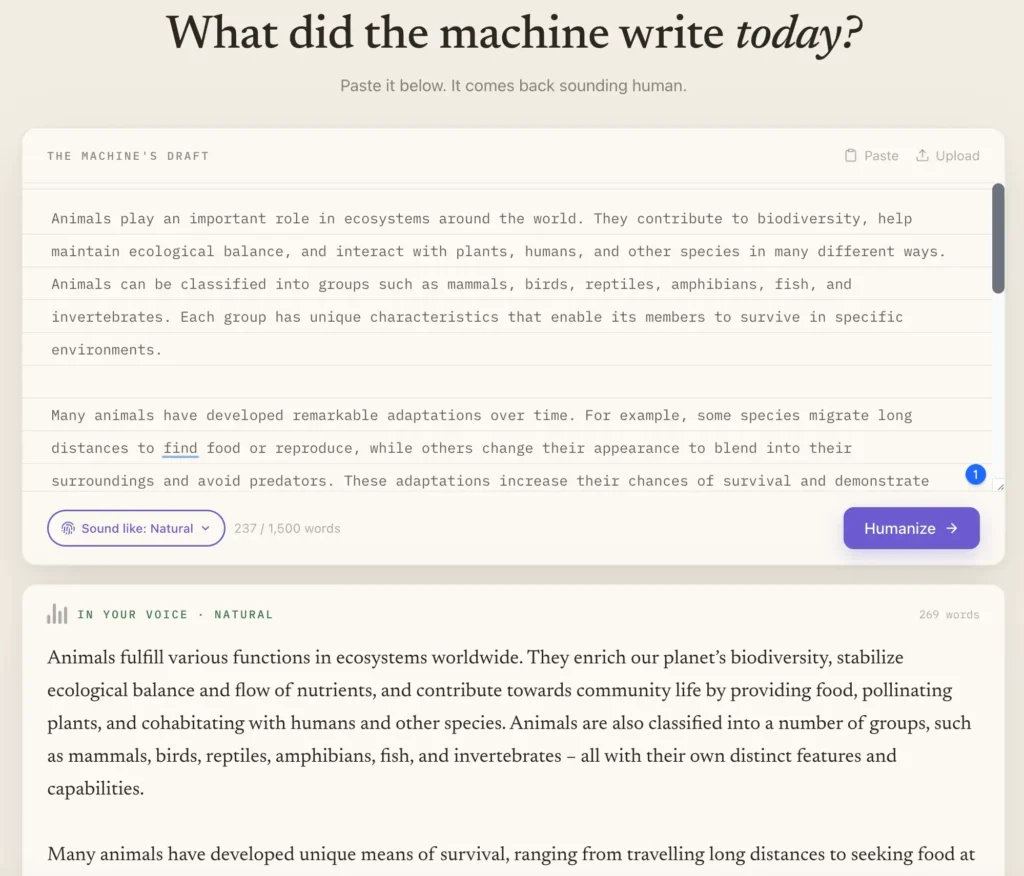 A screenshot of the WriteBros humanizer