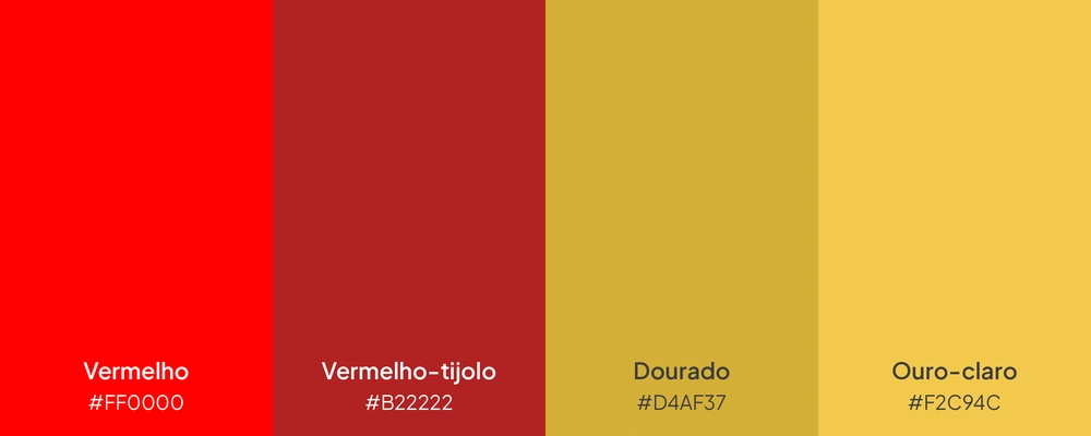 Paleta com 4 cores: vermelho, vermelho-tijolo, dourado e ouro-claro.