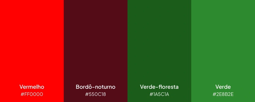 Paleta com 4 cores: vermelho, bordô-noturno, verde-floresta e verde.