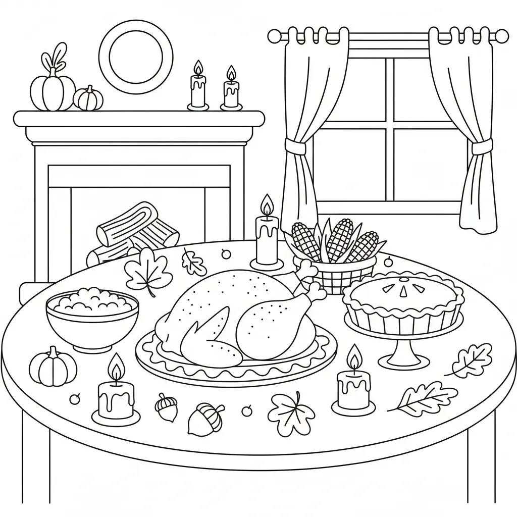 simple coloring page of a thanksgiving dinner