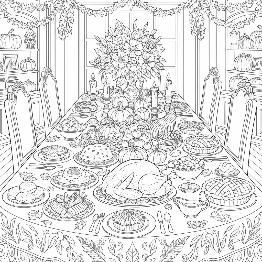 coloring page of a thanksgiving dinner