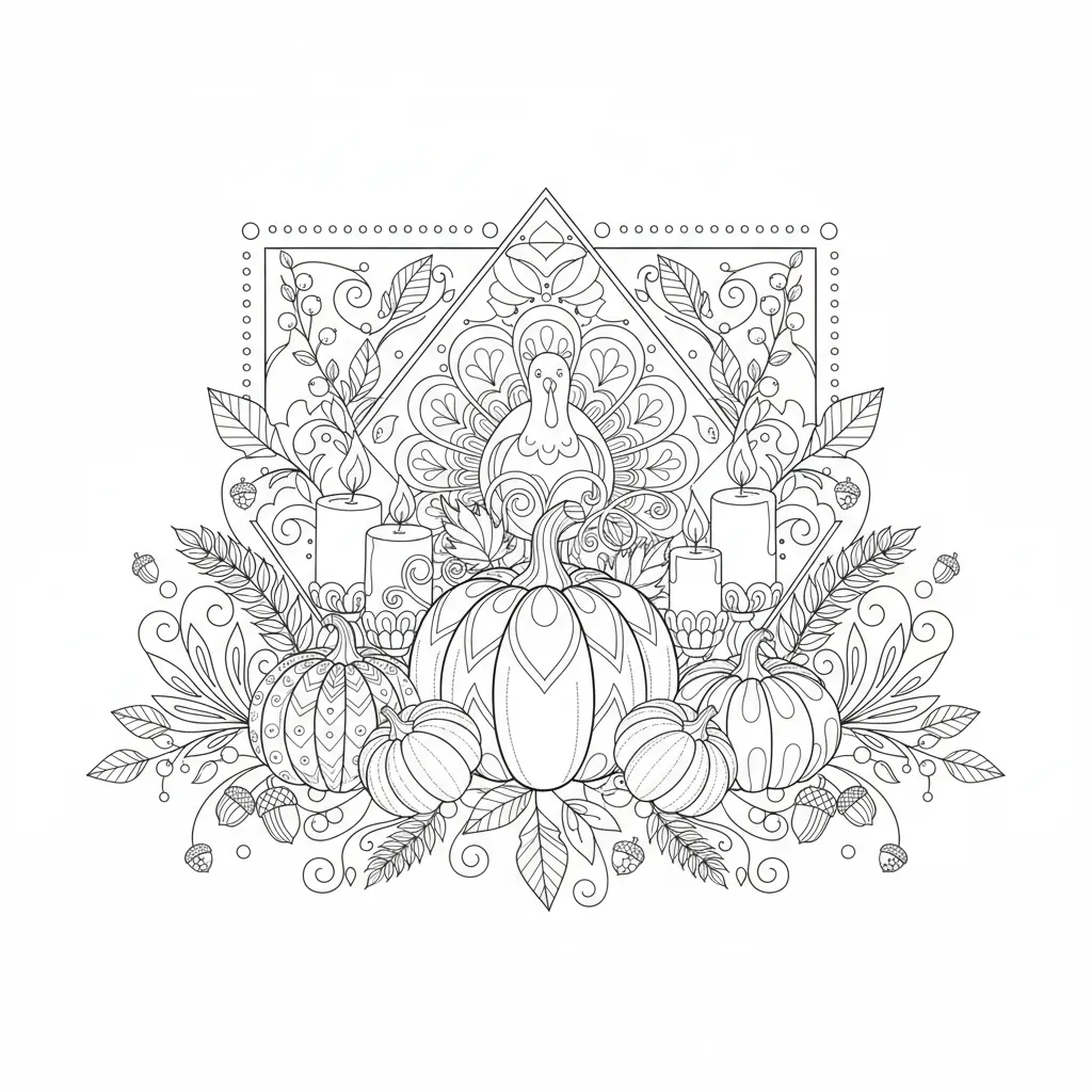 coloring page for adults with a thanksgiving and autumn theme