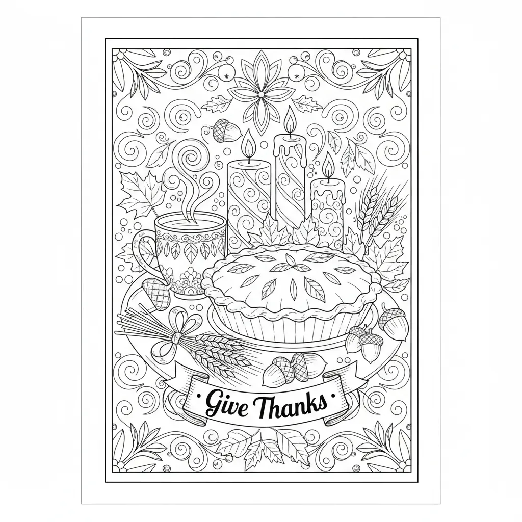 coloring page for adults with a thanksgiving and autumn theme that says give thanks
