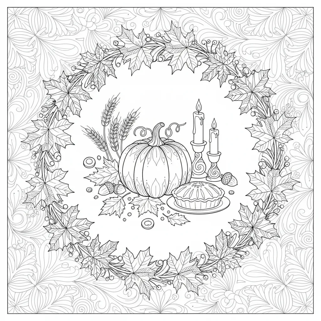 coloring page for adults with a thanksgiving and autumn theme