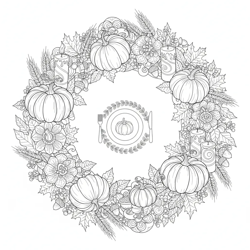 coloring page for adults with a thanksgiving and autumn theme