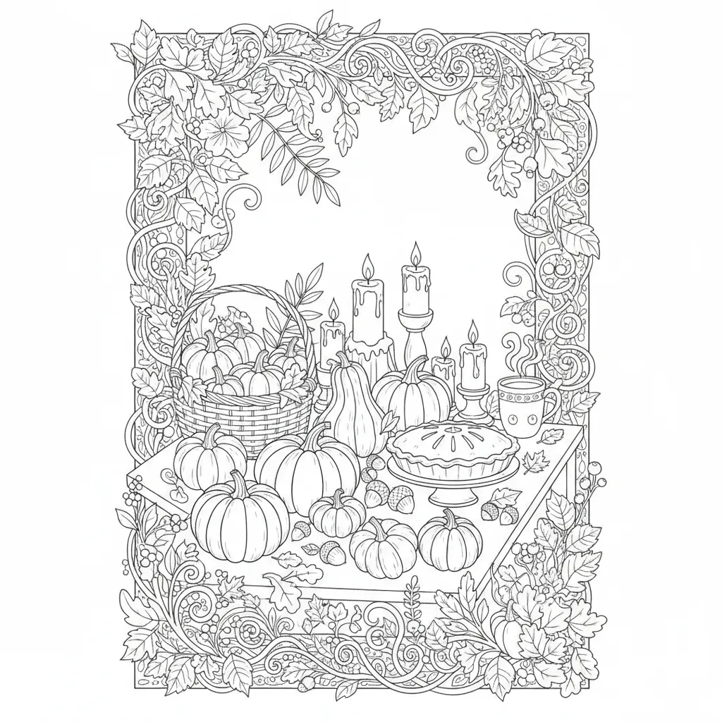 coloring page for adults with a thanksgiving and autumn theme