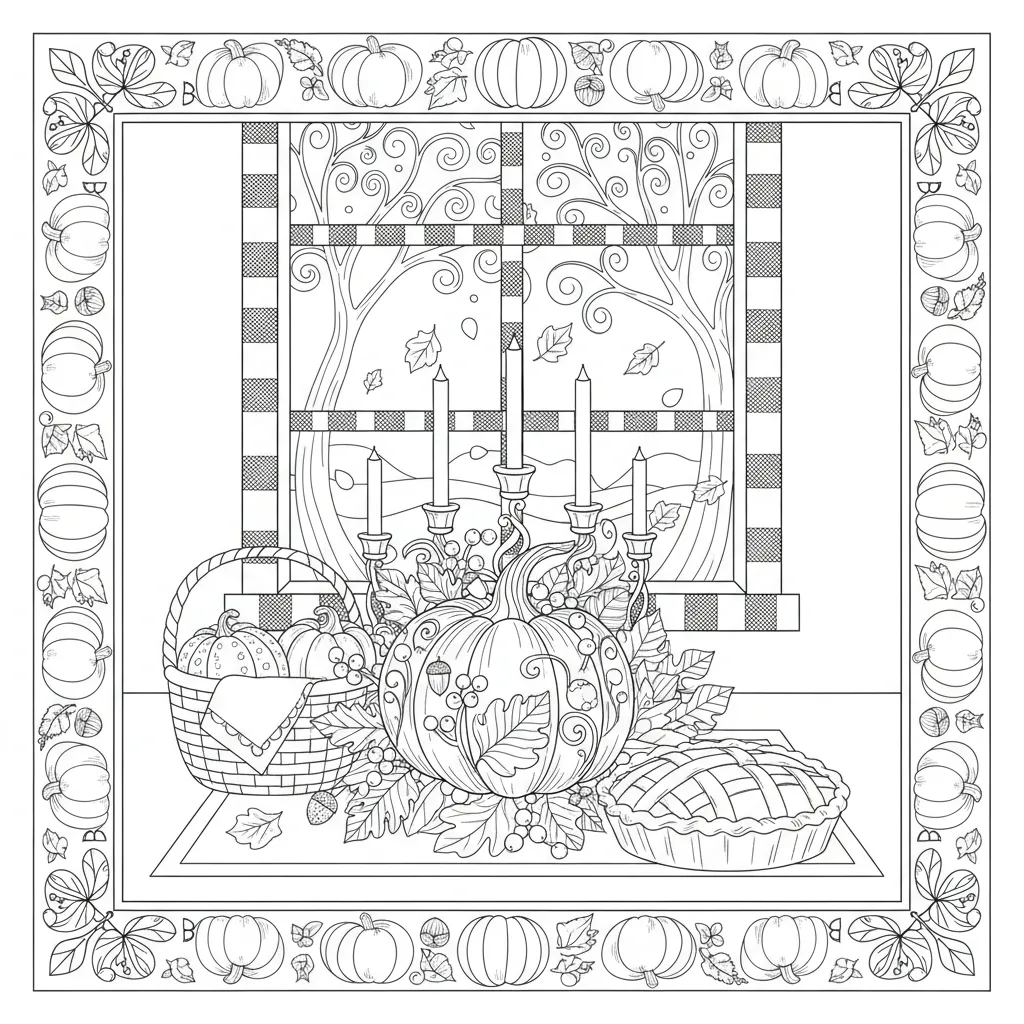 coloring page for adults with a thanksgiving and autumn theme
