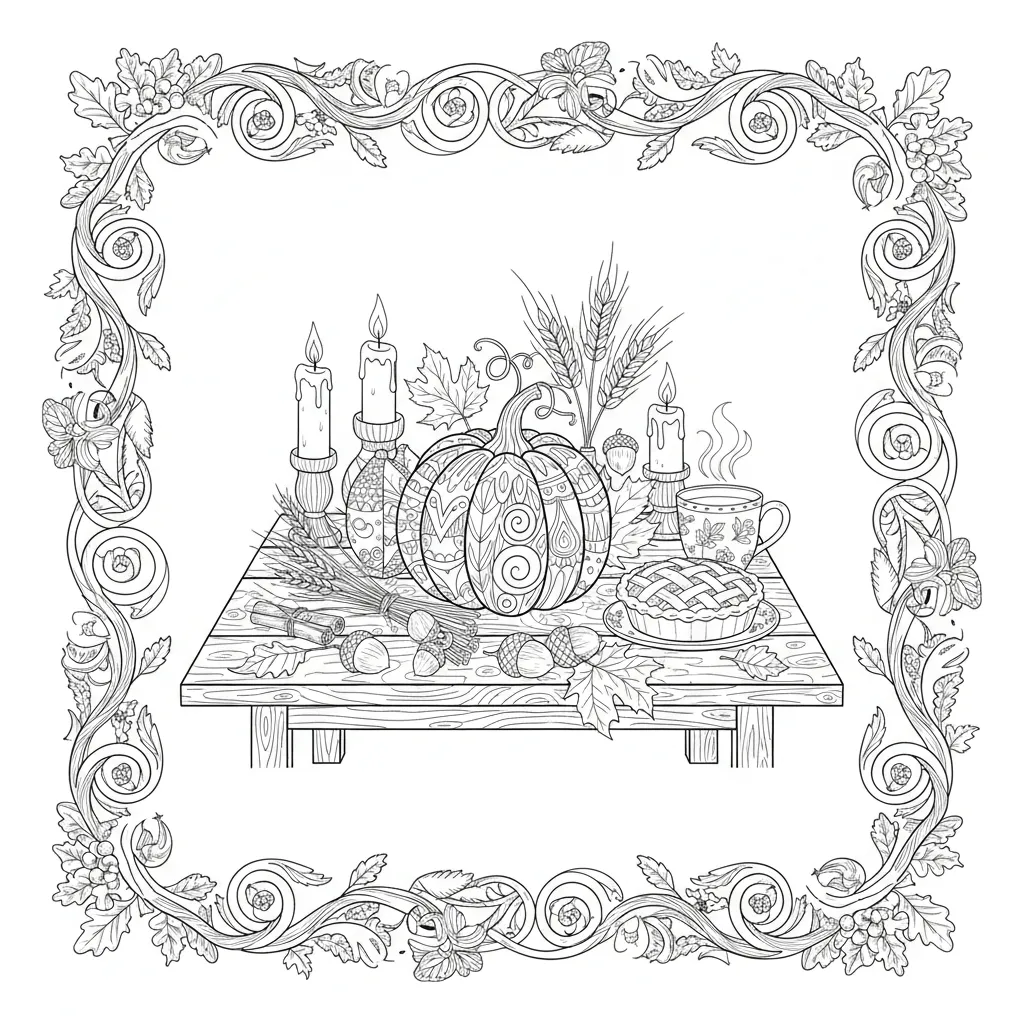 coloring page for adults with a thanksgiving and autumn theme