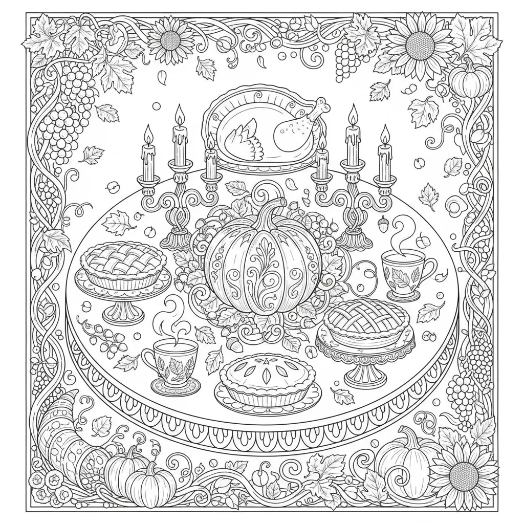 coloring page for adults with a thanksgiving and autumn theme