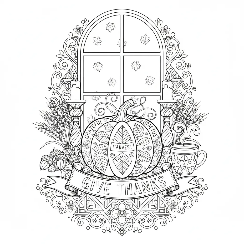 coloring page for adults with a thanksgiving and autumn theme that says give thanks