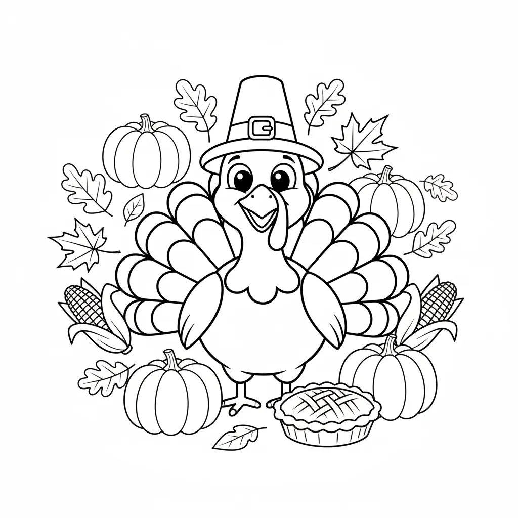 coloring page of a tukey surrounded by fall imagery like apple pie, leaves, and pumpkin