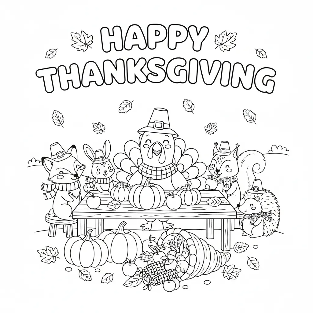 coloring page of various woodland creatures enjoying a harvest feast with the words happy thanksgiving