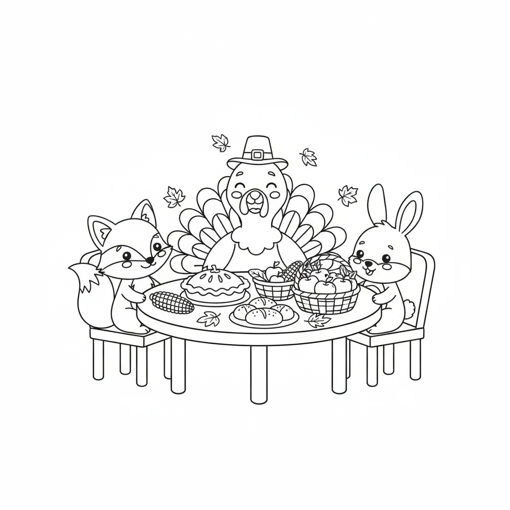 coloring page of a cartoon turkey, fox, and rabbit enjoying a thanksgiving feast