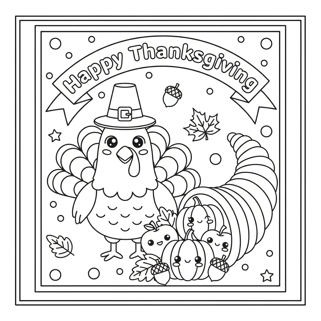 coloring page of a turkey and a cornucopia with the words happy thanksgiving