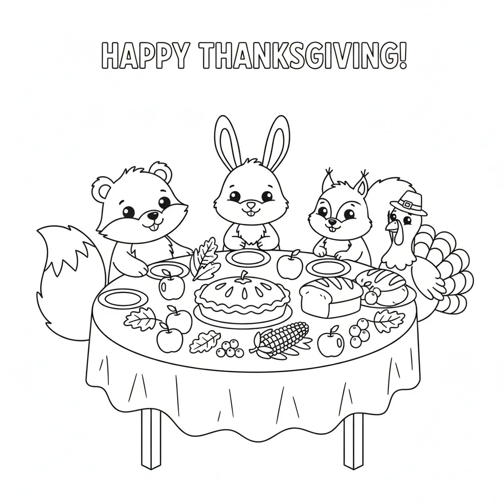 coloring page of cartoon woodland creatures enjoying a thanksgiving feast along with the words happy thanksgiving