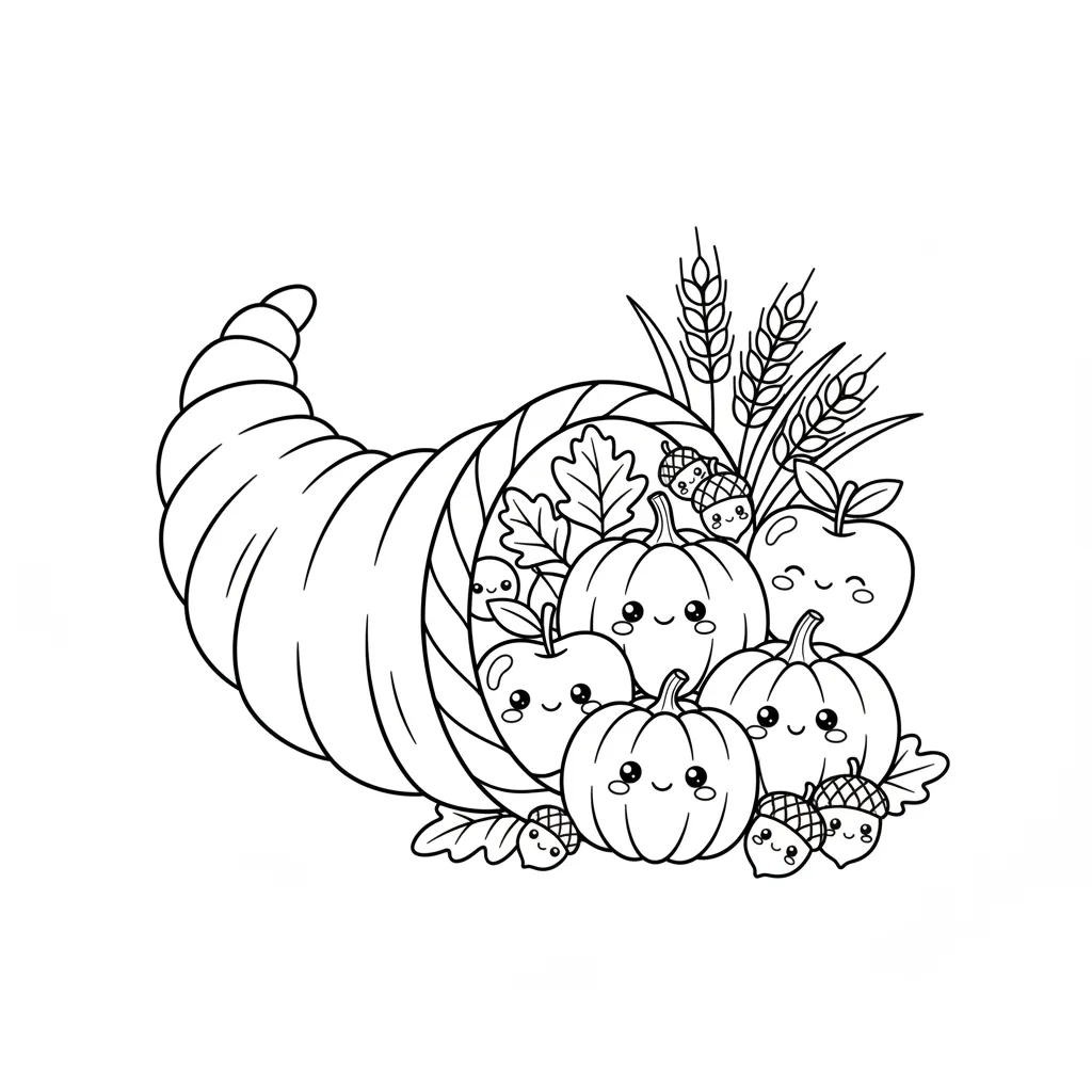 coloring page of a cornucopia filled with apples, pumpkins, and acorns