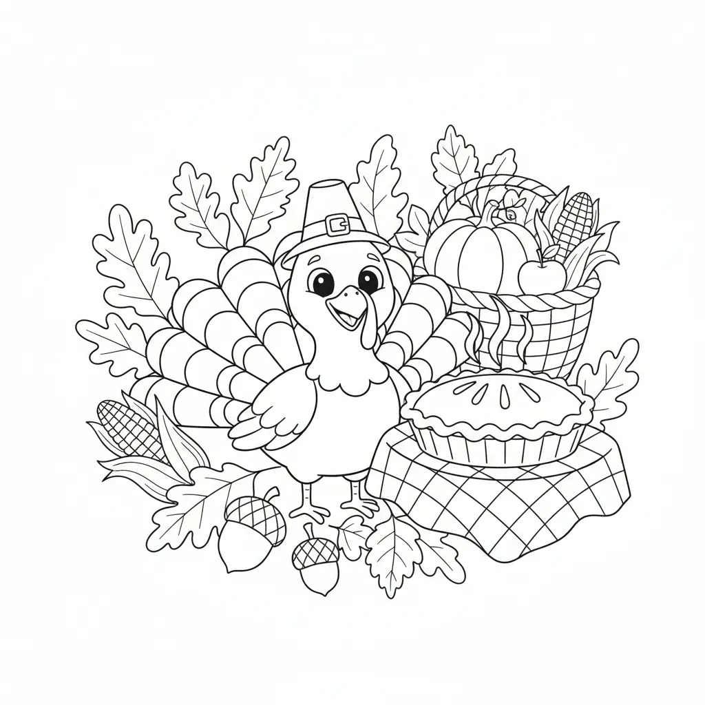 coloring page of a cartoon turkey nestled around fall foliage, an apple pie, and a basket containing a pumpkin
