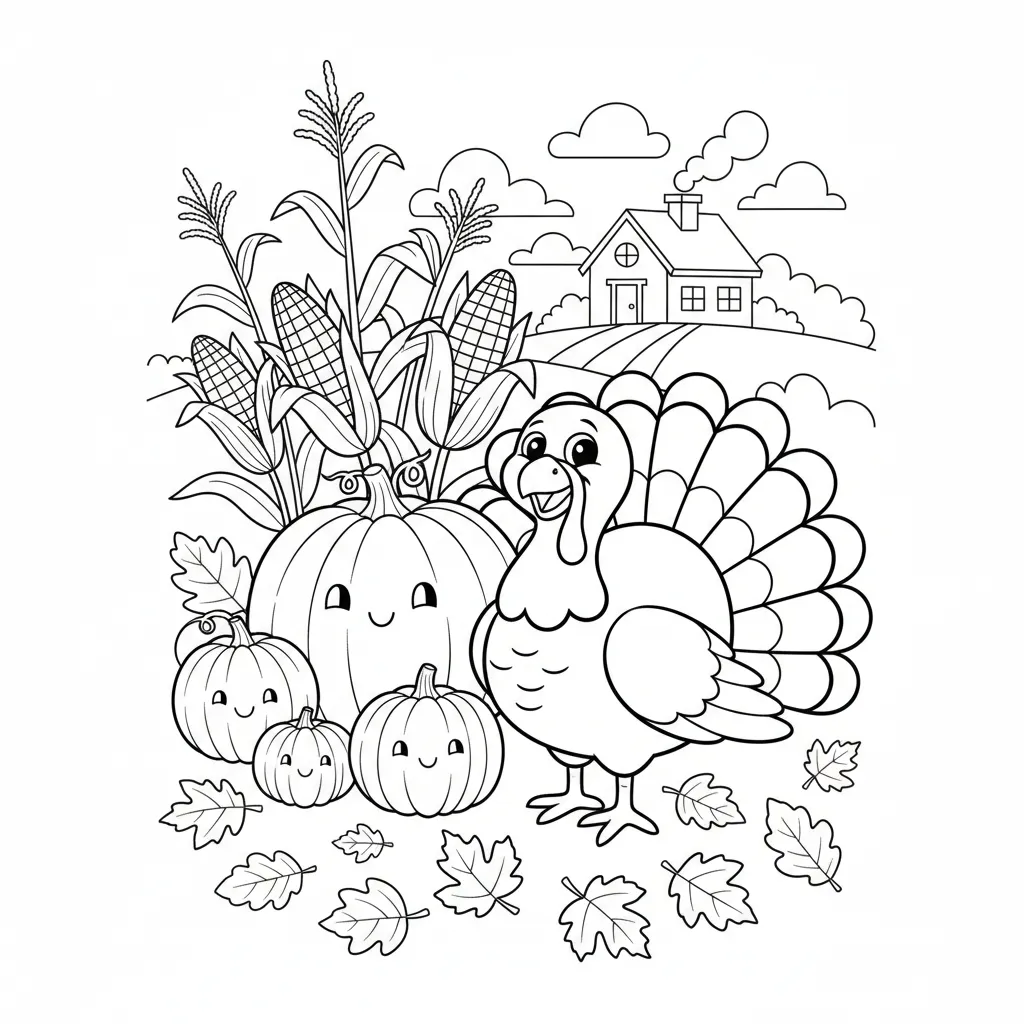 coloring page of a cartoon turkey alongside pumpkins and corn stocks