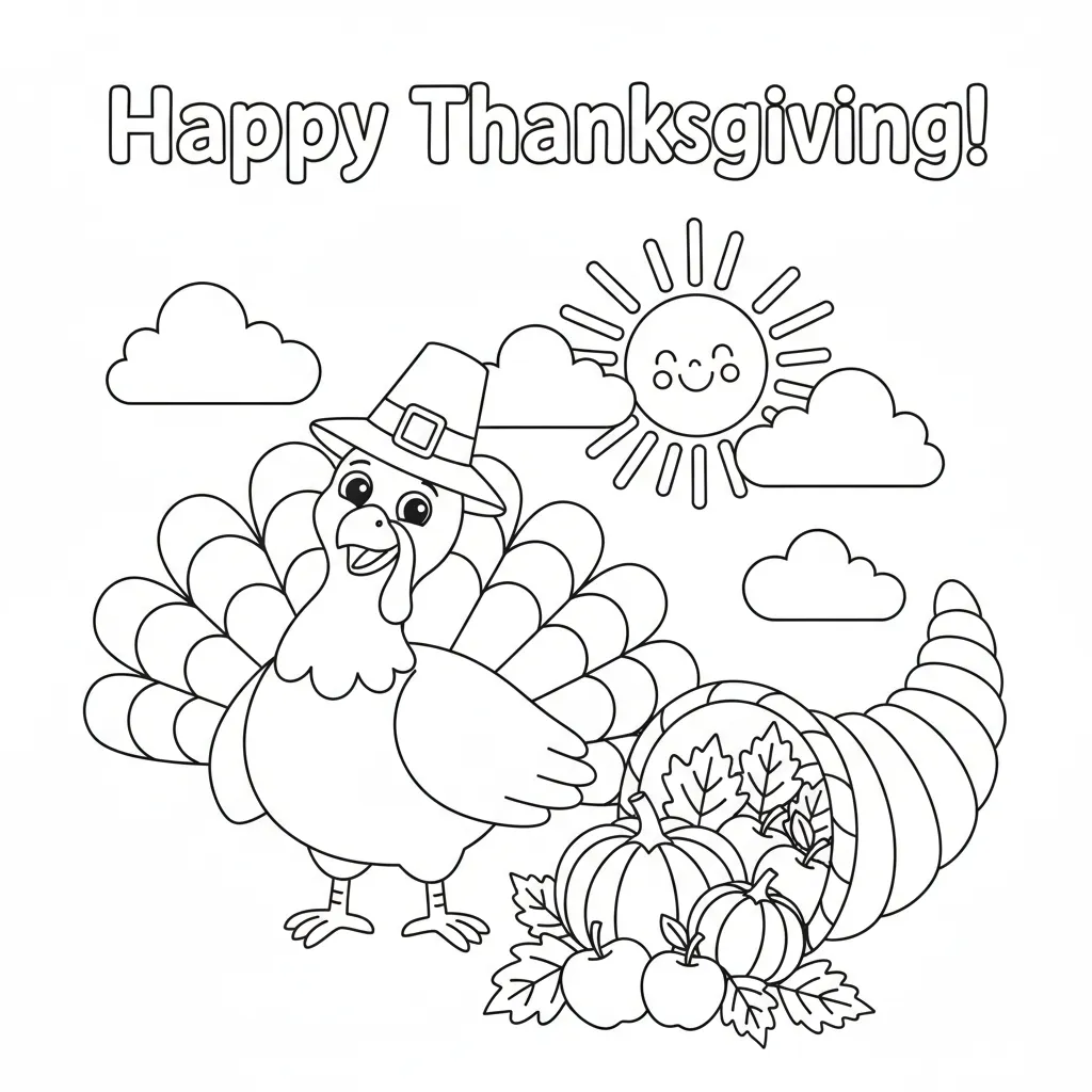 coloring page of a cartoon turkey and cornucopia with the words happy thanksgiving