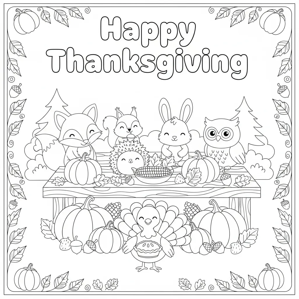 coloring page of various woodland creatures enjoying a harvest feast with the words happy thanksgiving