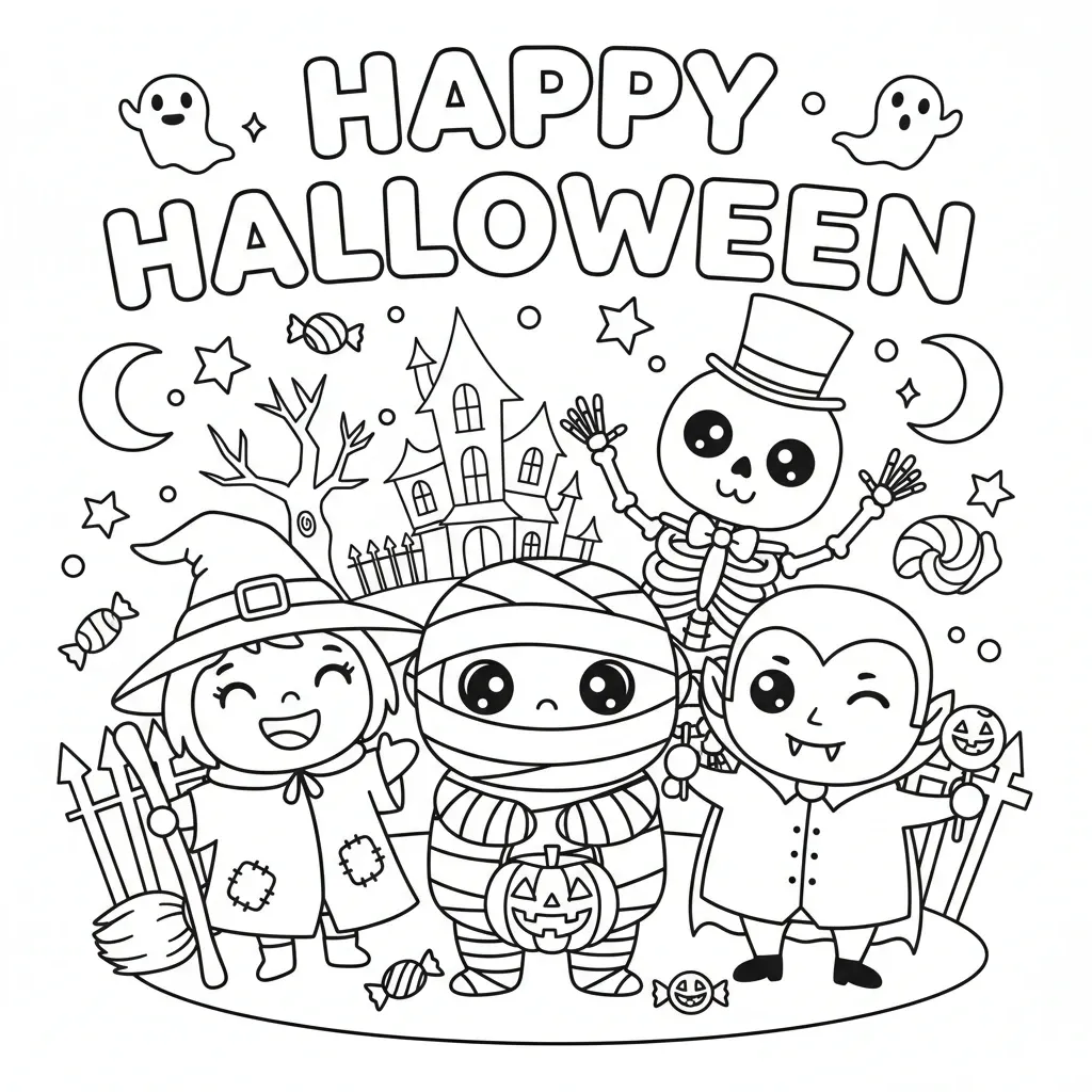 cute halloween coloring page that says happy halloween with illustrations of cute witches, mummies, skeletons, vampires and more