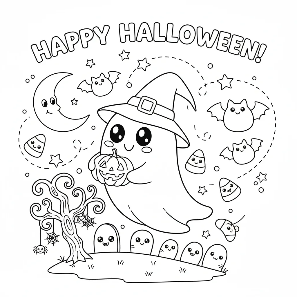 cute halloween coloring page that says happy halloween with illustrations of ghosts, tombstones, candy and more
