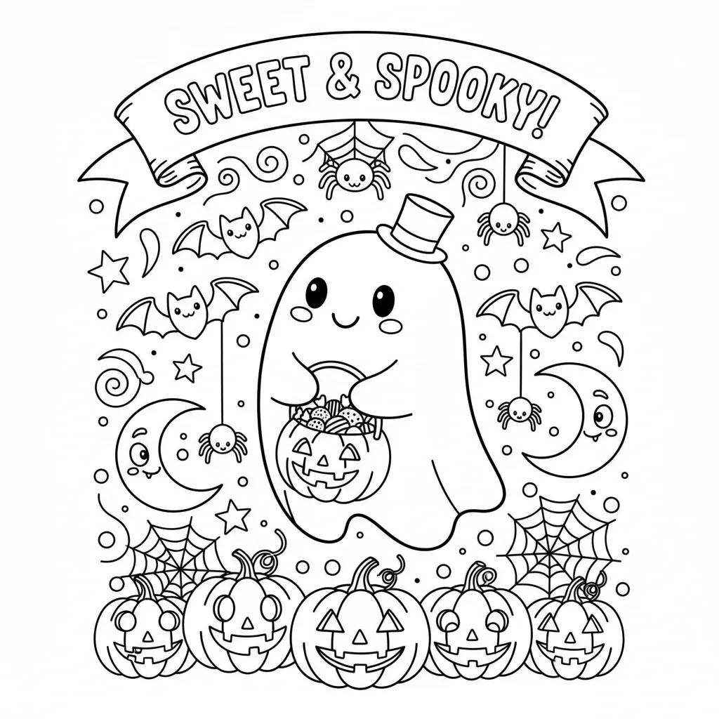 cute halloween coloring page that says sweet & spooky with illustrations of ghosts, jack-o-lanterns, critters and more