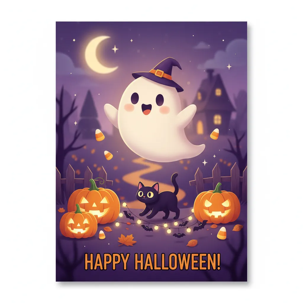 cute halloween card that depicts jack o lanterns, cute ghosts, and a a black cat characters and the words happy halloween