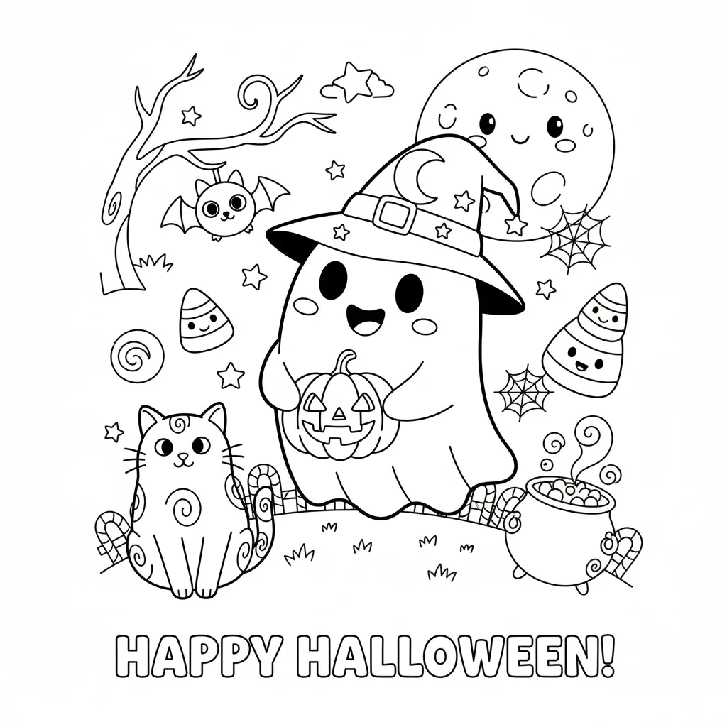 cute halloween coloring page that says happy halloween with illustrations of a ghost wearing a witch hat, cats, candy and more