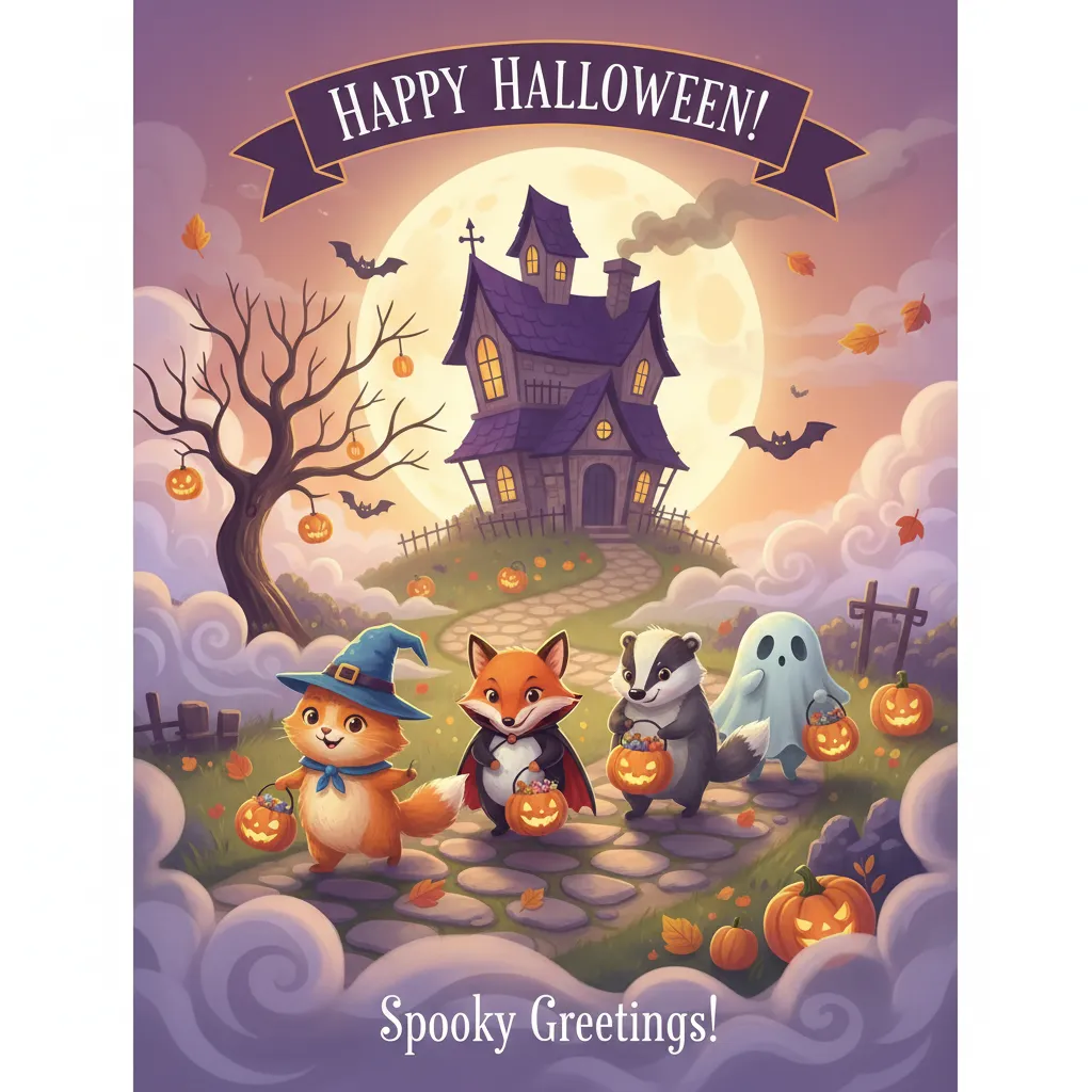 cute halloween card that depicts jack o lanterns, cute ghosts, and a cute costume characters with a haunted house in the background and the words happy halloween