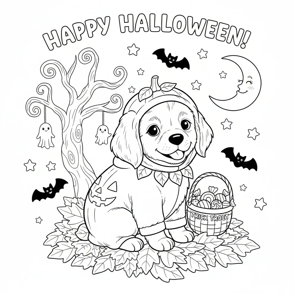 cute halloween coloring page that says happy halloween with an illustrations of a dog in a jack-o-lantern costume